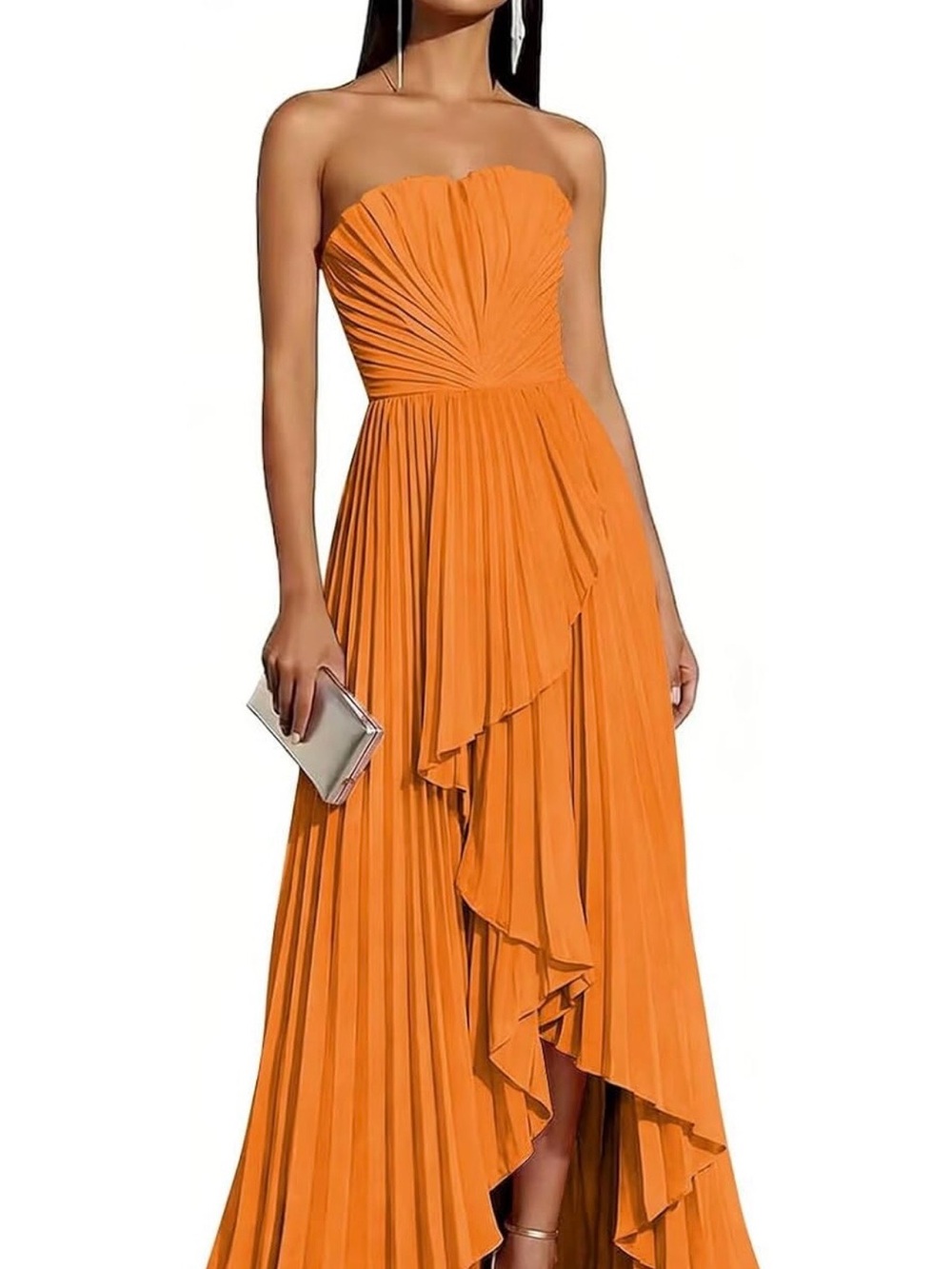 Strapless Orange Pleated Ruffle Maxi Dress